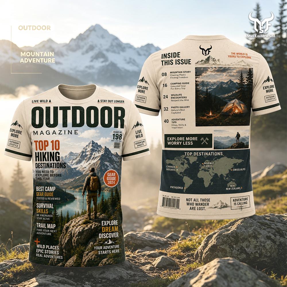 Outdoor Adventure Magazines - T-shirt imprimé style magazine pour l'aventure,